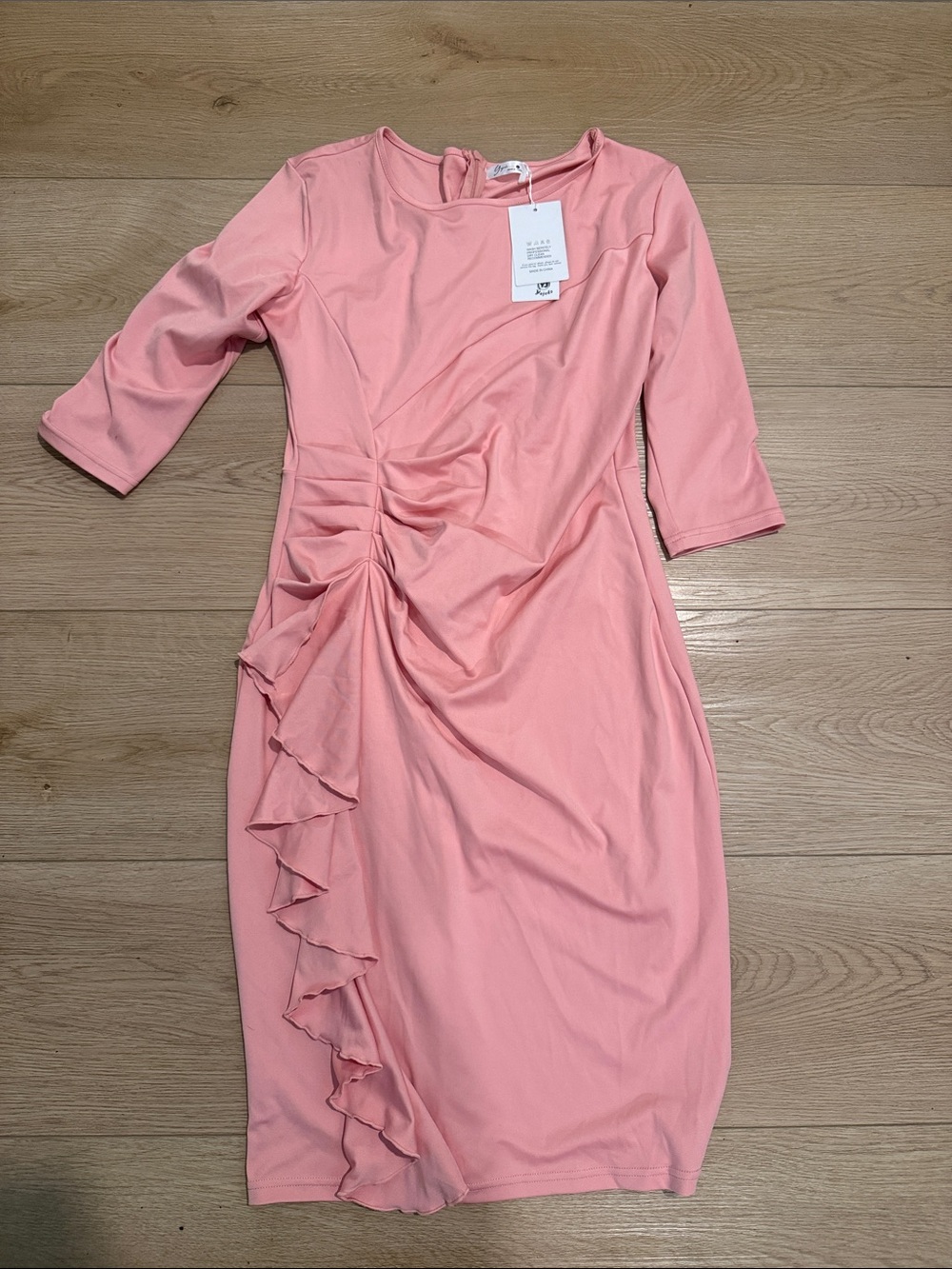 Pink Ruffle-Accent Midi Dress with Gathered Waist